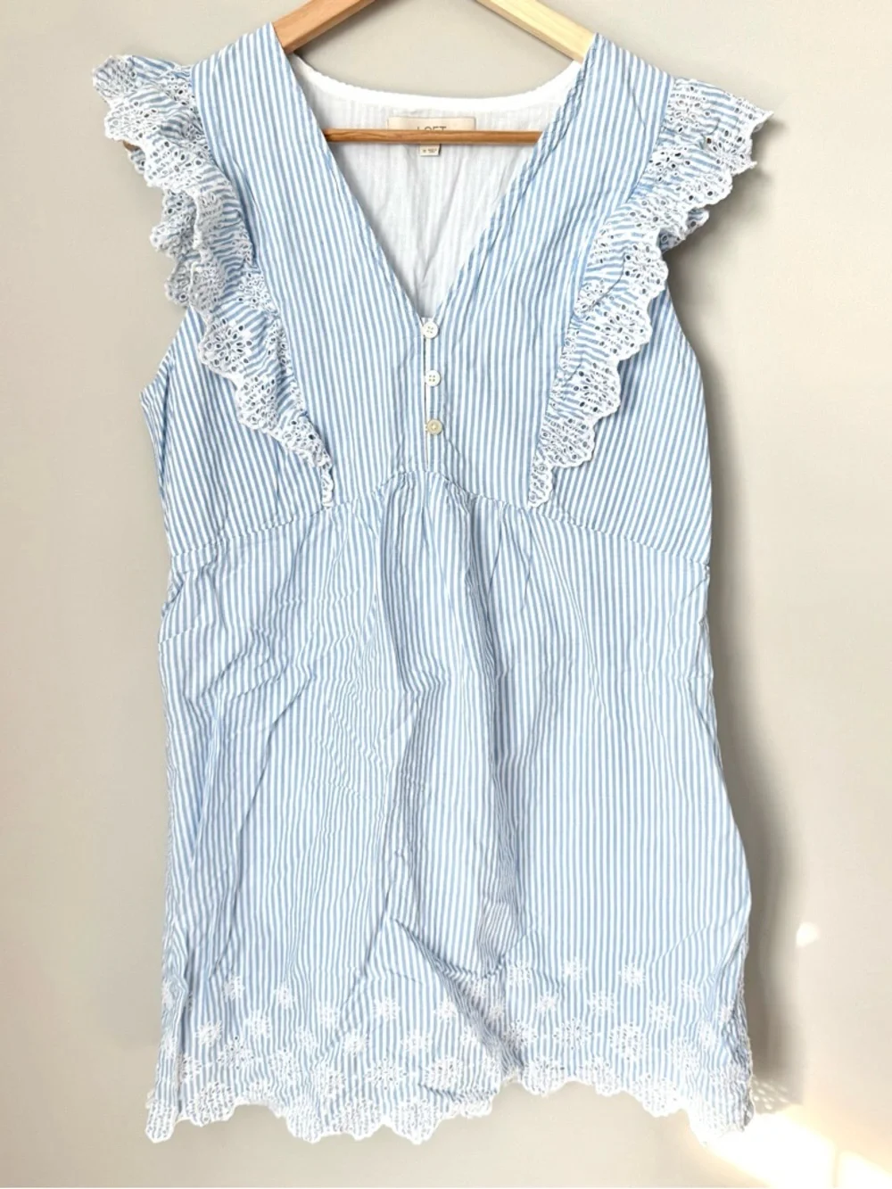 LOFT Light Blue Eyelet Ruffle Stripe Sleeveless Spring Dress